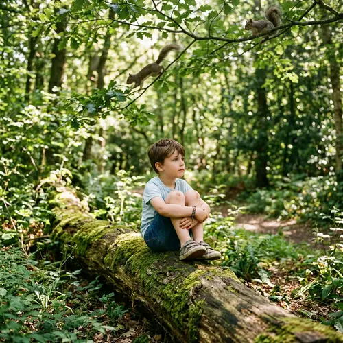 Solitary Caucasian Boy in Quiet Forest Clearing