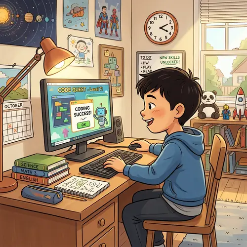Young East Asian Boy Computer Cartoon | Daily Routine Scene
