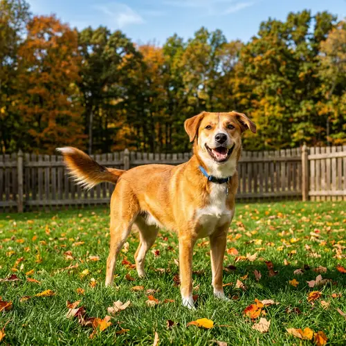 Cheerful Medium-Sized Dog Playing on Green Lawn