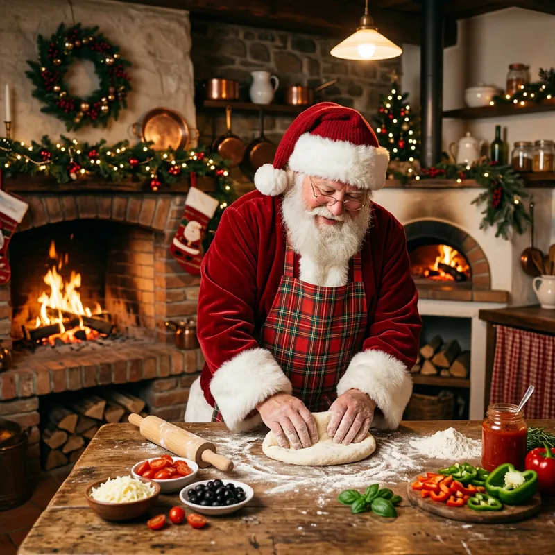 Father Christmas Making Pizza in Rustic Kitchen