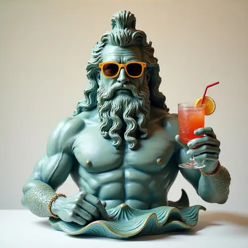 Poseidon Sculpture with Sunglasses & Cocktail