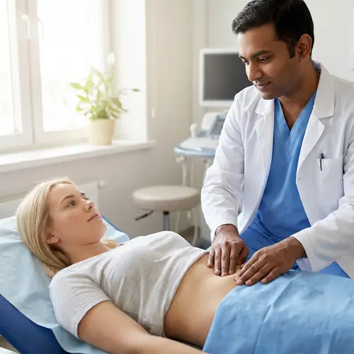 Male Doctor Examining Abdomen of Young Blonde Woman