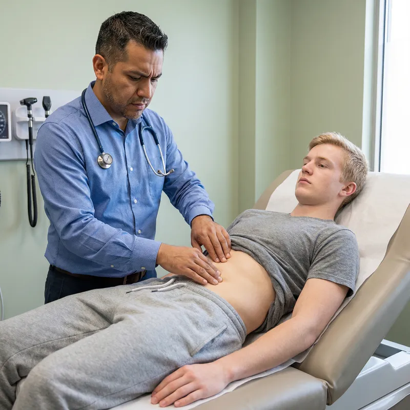 Male Doctor Examining Abdominal Cavity of Young Blonde Man Male Doctor Examining Abdominal Cavity of Young Blonde Man