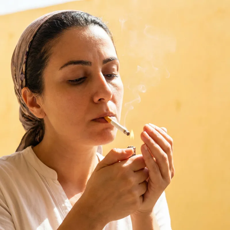 Hyperrealistic Close-Up of Woman Lighting Cigarette