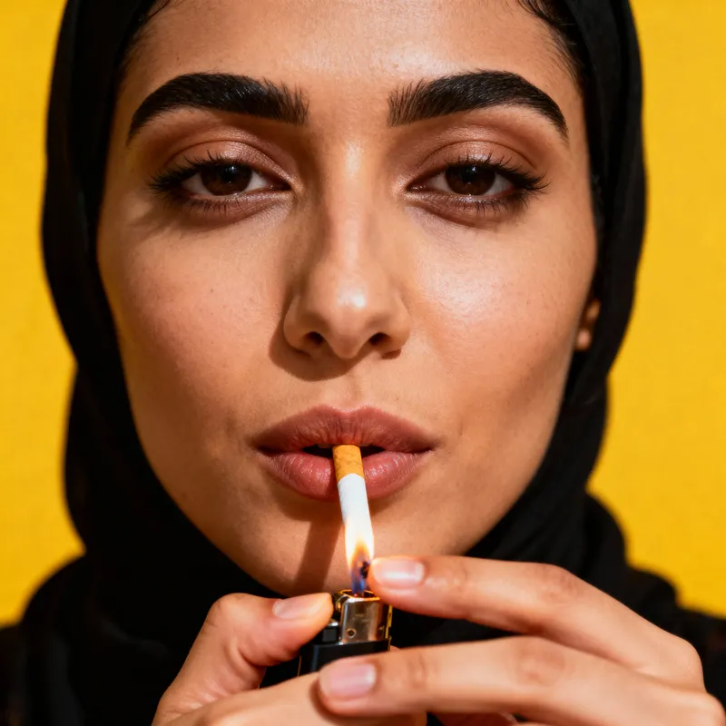 Hyperrealistic Close-Up of Woman Lighting Cigarette
