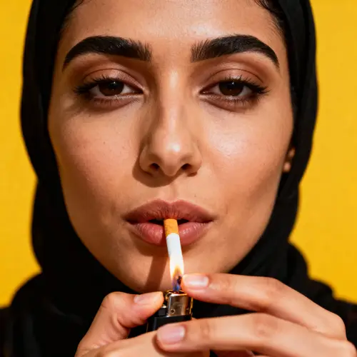 Hyperrealistic Close-Up of Woman Lighting Cigarette