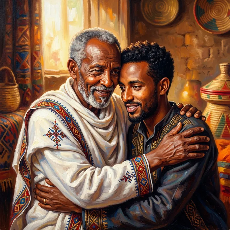 Heartwarming Father-Son Embrace in Vibrant Colors