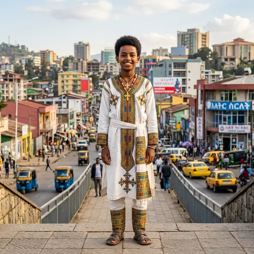 Afro-Ethiopian Boy in Traditional Attire Against Urban Backdrop