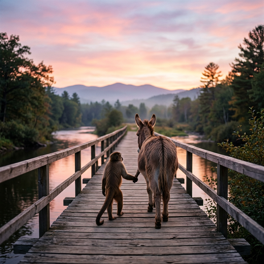 Monkey and Donkey Crossing Bridge at Sunset | AI Art Generator