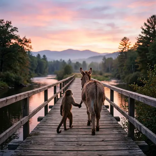 Monkey and Donkey Friendship Walking on Wooden Bridge at Sunset
