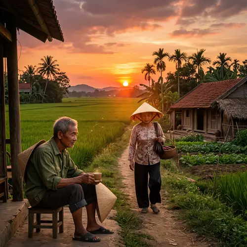 Vietnam Woman Walking Home at Sunset