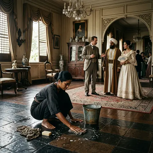 19th Century Philippines: Working Class Woman Cleaning Floor Observed by High Society Group