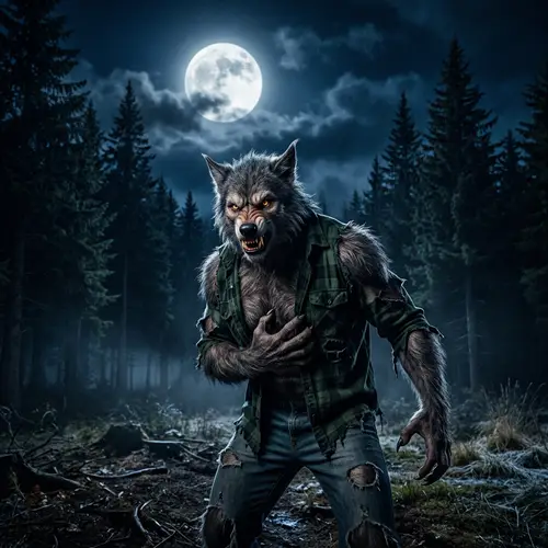 Eerie Werewolf Transformation Under Full Moon Night Sky