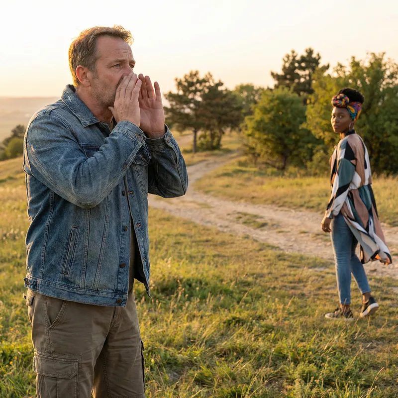 Urgent Call: Man Shouting to Capture Woman's Attention