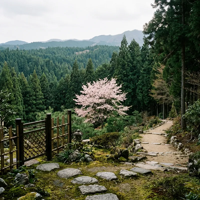 Tranquil Japanese Coniferous Forest with Sakura Tree and Path
