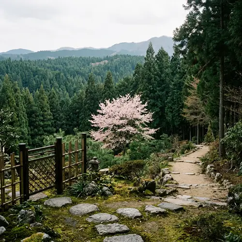 Tranquil Japanese Coniferous Forest with Sakura Tree