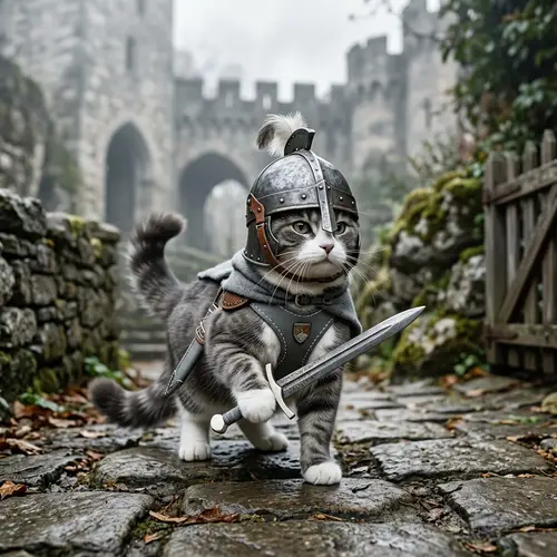 Cat with Helmet and Sword: Grey and White Color Scheme
