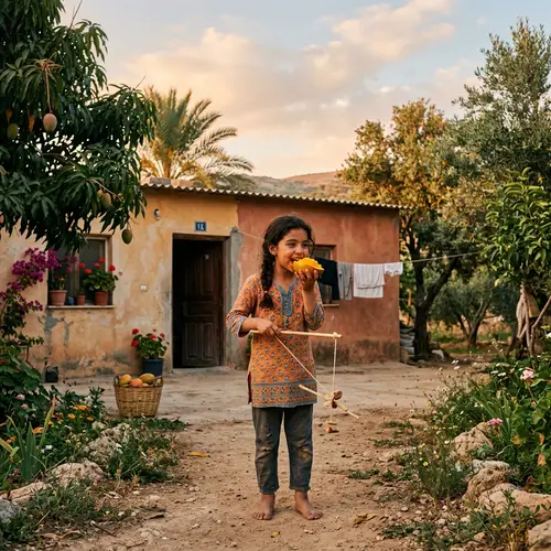 Middle-Eastern Girl Enjoying Mango Near Small House