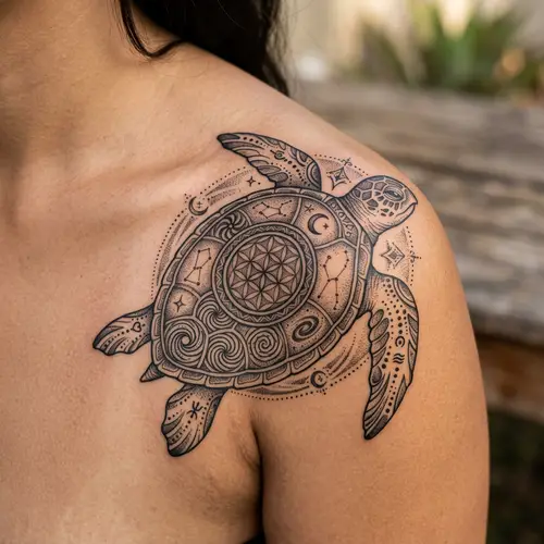 Spiritual Sea Turtle Shoulder Tattoo Design