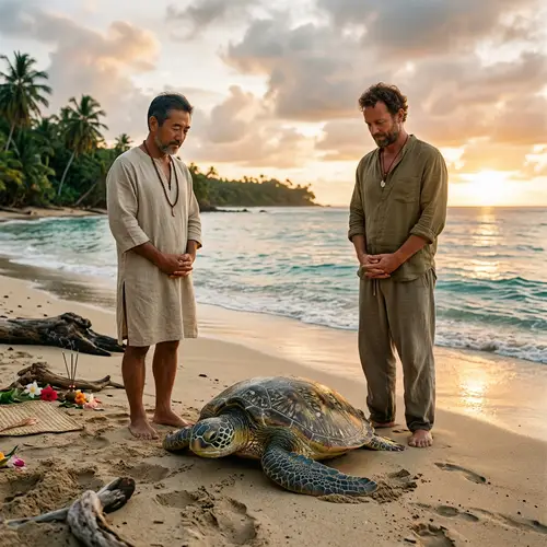 Spiritual Scene: Two Men and a Sea Turtle Embrace Tranquility