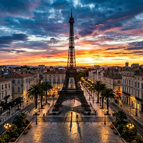 Eiffel Tower Model at Sunrise in Nimes, France