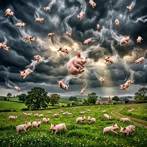 Magical Rain of Pigs: A Whimsical Scene