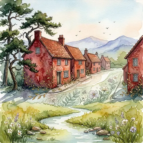 Rusty Antique Crimson Brick Houses Countryside Street Illustration