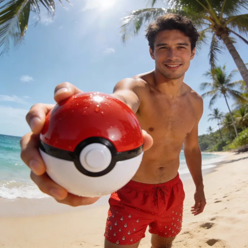 Man with Pokeball in Swim Trunks - Summer Fun