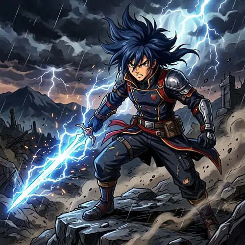 Anime Style Asian Male Character with Dark Blue Hair and Lightning Blade