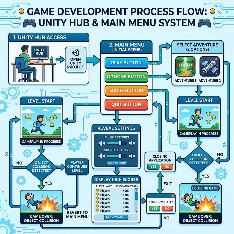 Game Development Process Flow Diagram | Unity Hub, Main Menu, Adventures & More
