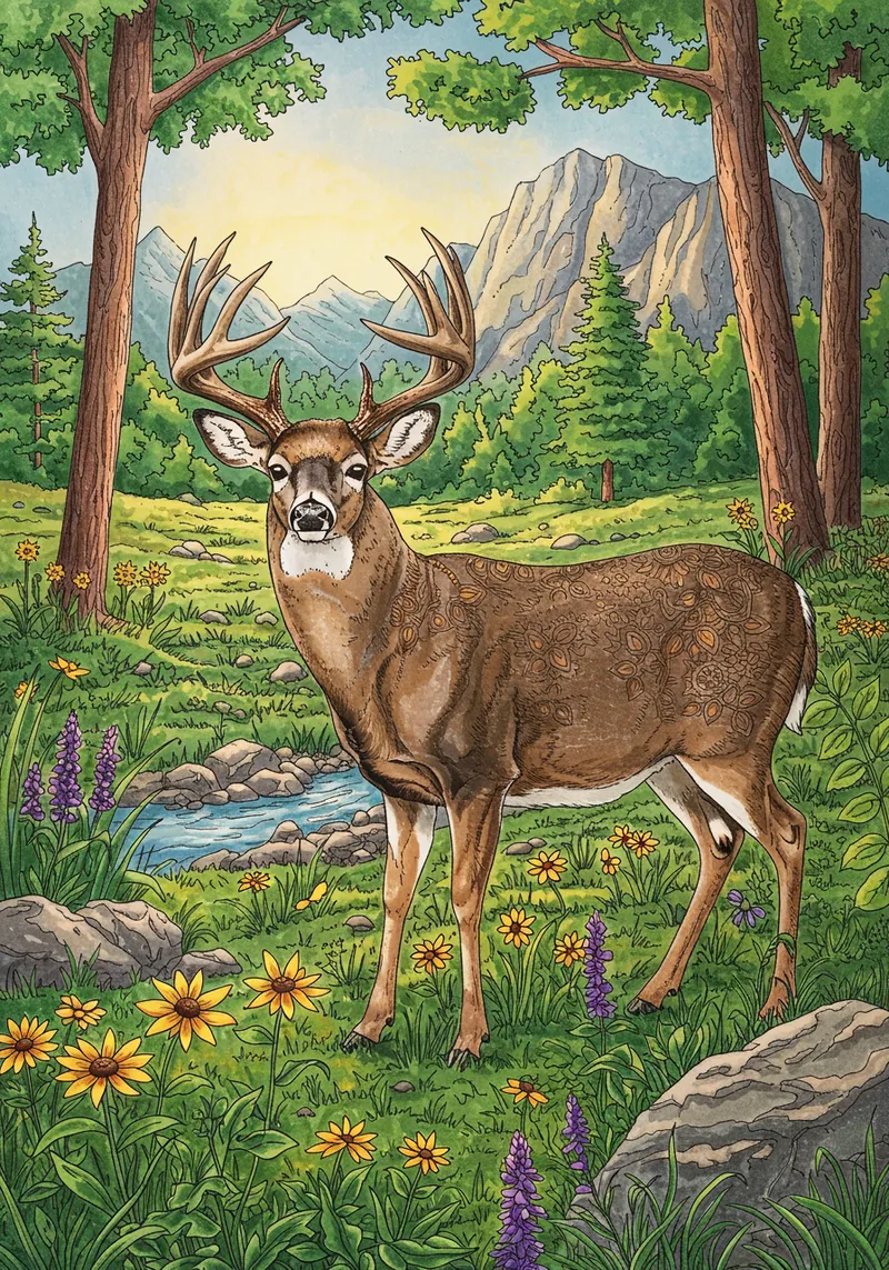 Adult Coloring Book: Nature Scene with Deer