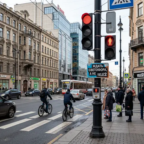 Urban Scene in City Center with Traffic Light and 'Wait' Button