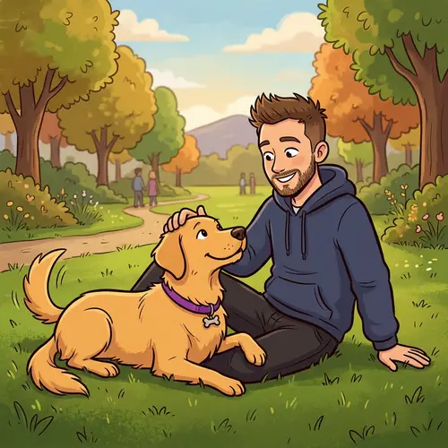 Heartwarming Cartoon of Owner and Golden Retriever