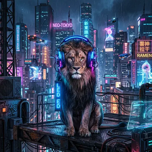 Cyberpunk Lion with Headphones: Futuristic Art