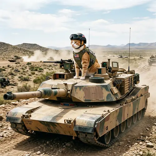 Tabby Cat on Abrams Tank: Tactical Gear Fun