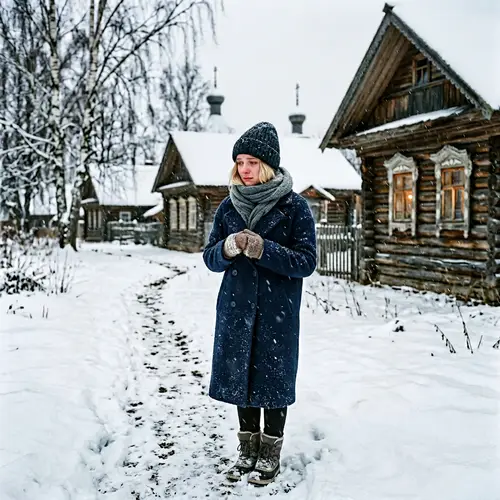 Sad Caucasian Girl with Blonde Hair in Russian Winter Setting