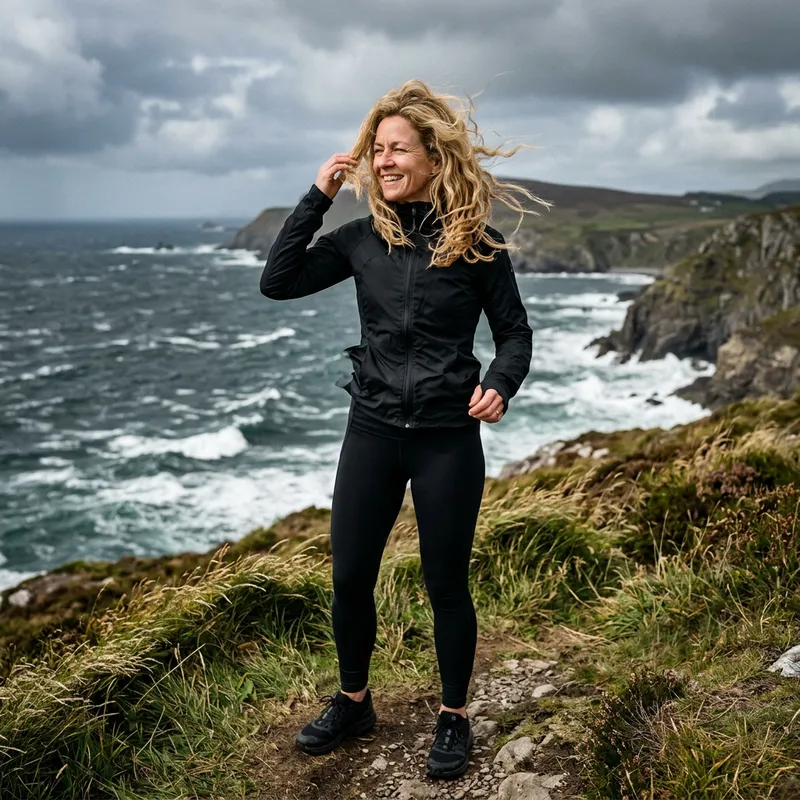 Blonde Woman in Black Athletic Outfit on Windy Day