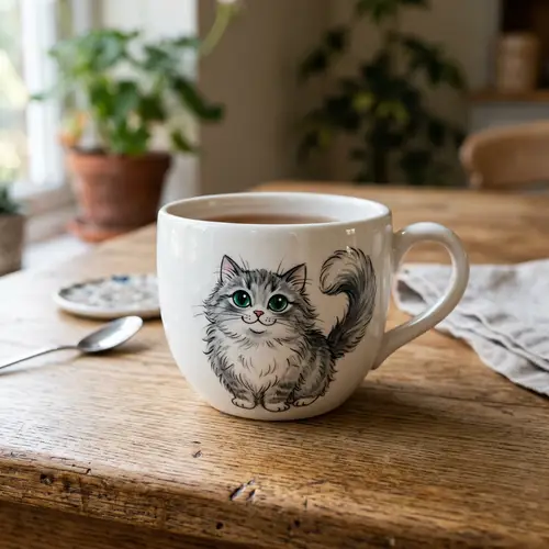 Cute Cat Illustration on White Ceramic Cup | Adorable Design