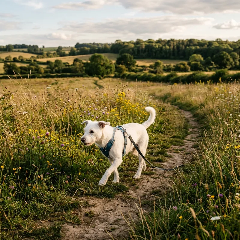 White Short-Haired Dog Walking in a Field