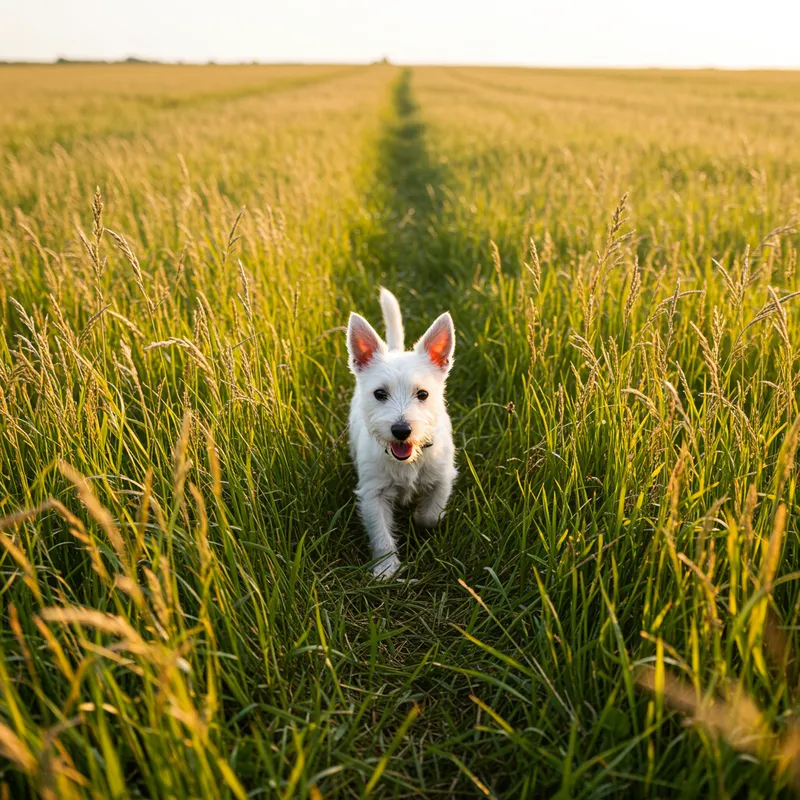 White Short-Haired Dog Walking in a Field