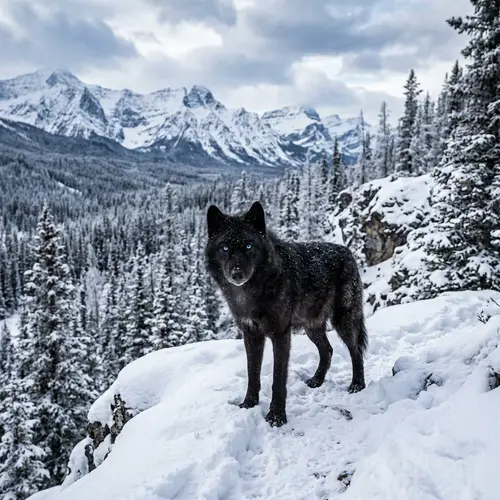 Majestic Black Wolf with Blue Eyes in Snowy Mountains
