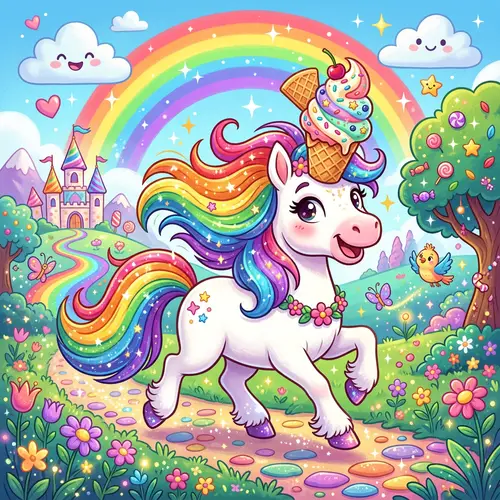 Playful White Unicorn with Ice Cream Horn | Rainbow Colors
