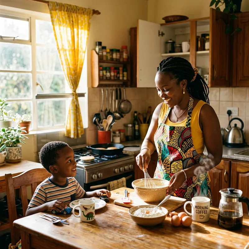 African Mom Cooks Delicious Pancakes in the Morning