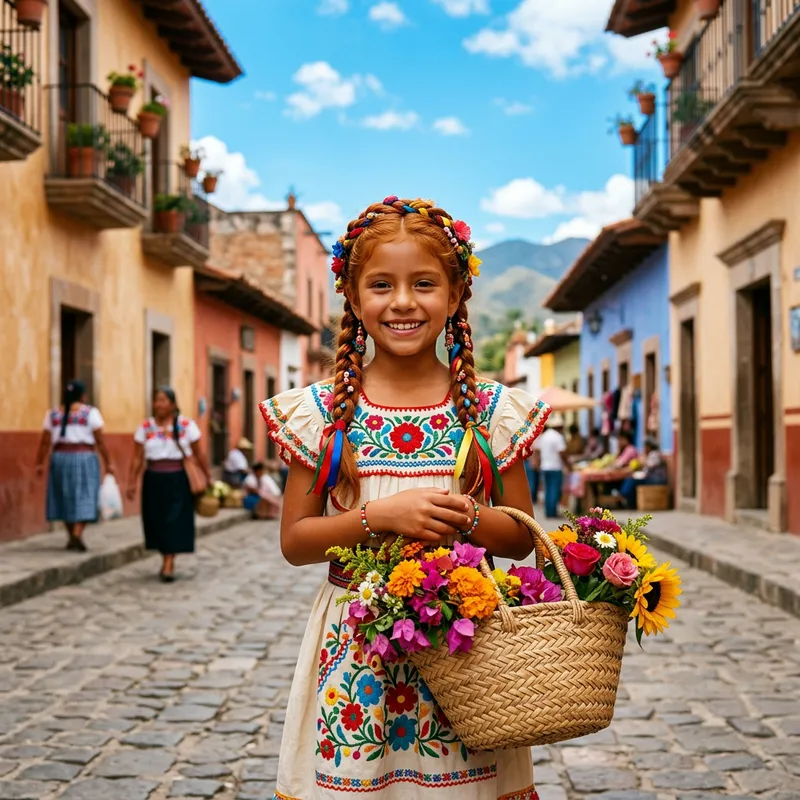 Mexican Girl with Tan Skin and Ginger Hair Carrying Flowers in Colorful Dress