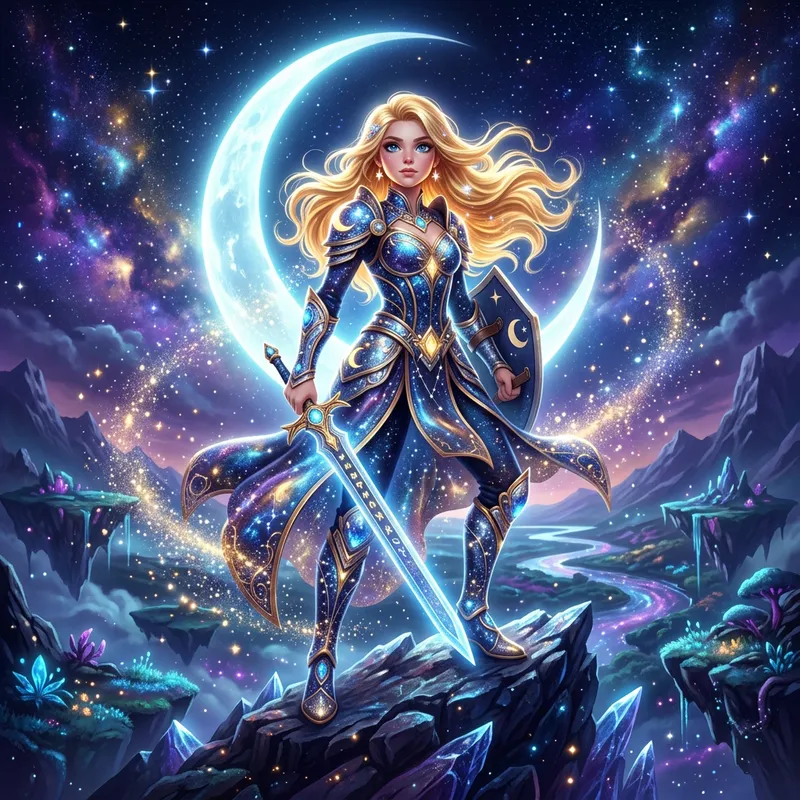 Ethereal Warrior: Golden Hair, Sapphire Eyes, Moonlight Garments