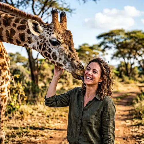 Giraffe Kisses Brunette Woman - Heartwarming Moment