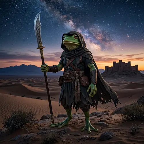 Pepe Frog Hashashin with Glaive in Desert at Dusk