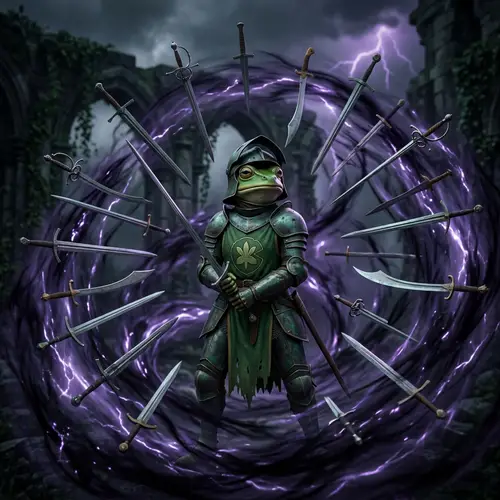 Female Pepe Frog Knight in Dark Energy with Flying Swords