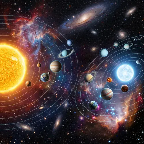 Cosmic Scene with Two Stars and Planets