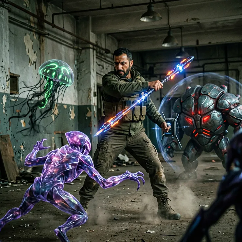Man Facing Multiple Anomalous Entities in Combat Man Facing Multiple Anomalous Entities in Combat